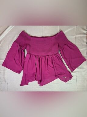 Torrid Size 3 Pink Off Shoulder Blouse Plus Size Chiffon Smocked Ruffle Top